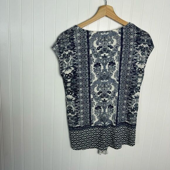 Lucky Brand Top XS Blue White Floral Boho Peasant Summer Knot Front - Picture 7 of 7